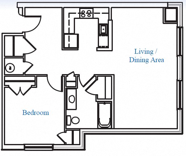 Floor plan for 1 bed, 1 bath, 761 sqft